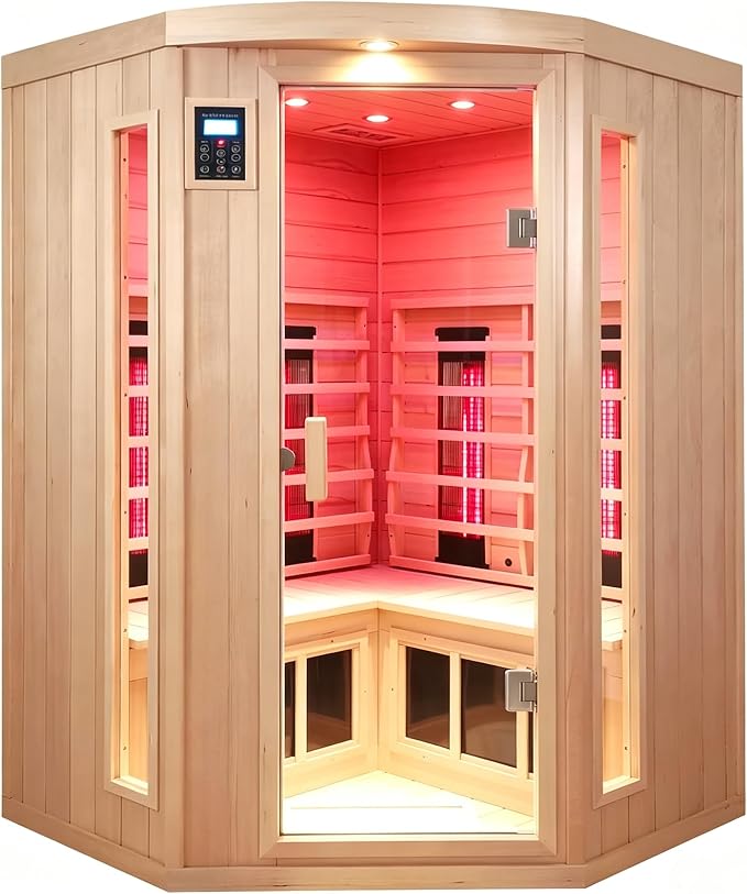 Ceramic Infrared Sauna, 2-3 Person Home Sauna, Canadian Hemlock Indoor Corner Sauna Spa, Wooden Sauna Room, 5 Low EMF Heaters + 4 Ceramic Tubes, Bluetooth Speakers, Chromotherapy Lights