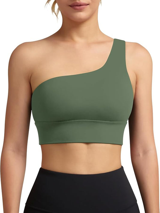Queenie Ke Womens One Shoulder Sports Bra Left Side Strap Yoga Bras Gym Training Workout Crop Tops