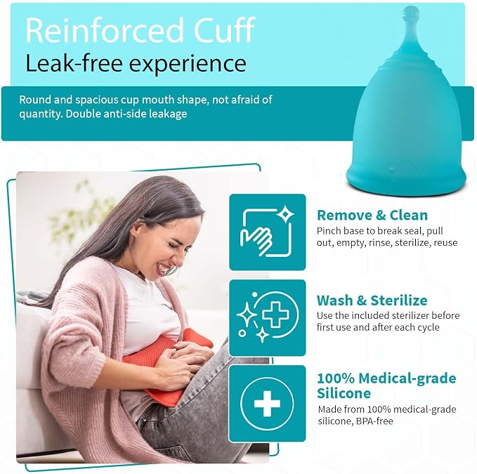 Angel's Peel Lounge Menstrual Cup for Women - 100% Medical-Grade Leak-Free Soft & Flexible Silicone Cup - 12 Hour Leak Protection Eco-Friendly & Reusable Period Cups for Women - Blue - Small