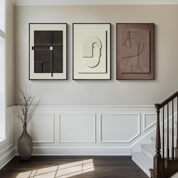 3D Textured Framed Abstract Wall Art, 3 Piece Modern Paintings Artwork for Walls, Black White Brown Geometric Sandstone Texture Pictures for Living Room Dining Room Bedroom Office Wall Decor 16x24 In | Texture Paintings, Minimalist Neutral Black White ...