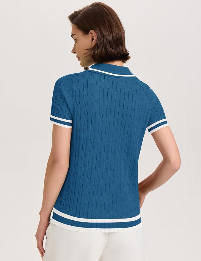 Micoson Womens Short Sleeve Sweater Tops Lapel V Neck Polo Shirts 2026 | Summer Cable Knit Loose Blouses, Business Casual Outfits