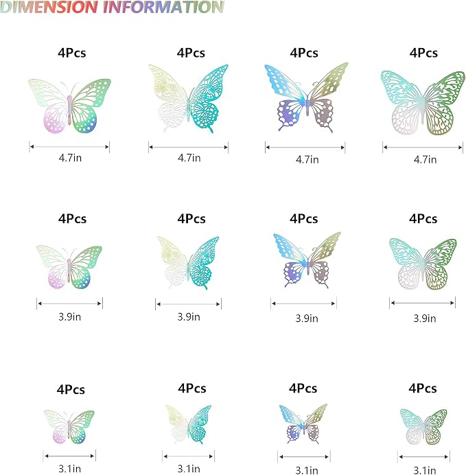 SAOROPEB 3D Butterfly Wall Decor 48 Pcs Laser Butterfly Birthday Decoration | 4 Styles 3 Sizes, Butterfly Party Decorations Cake Decorations, Removable Stickers