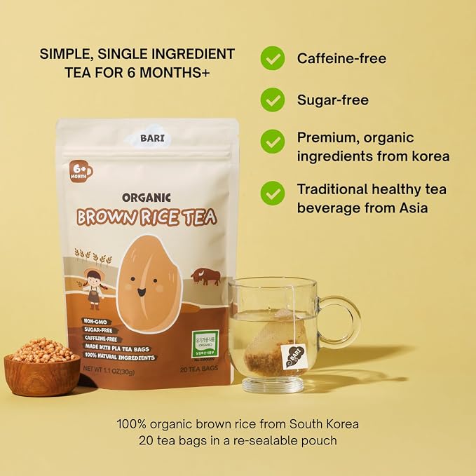BARI Organic Baby Brown Rice Tea – Baby Tea for the Whole Family | Korean Hyeonmi Cha, Caffeine-Free, No Sugar, Heavy Metal Tested | 20 Tea Bags