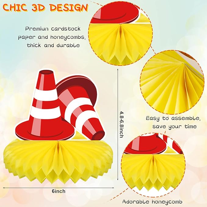 Threan 9 Pieces Construction Party Centerpieces Honeycomb Car Truck Zone Centerpieces 3D Table decorations for Baby Shower Birthday Party favors Supplies