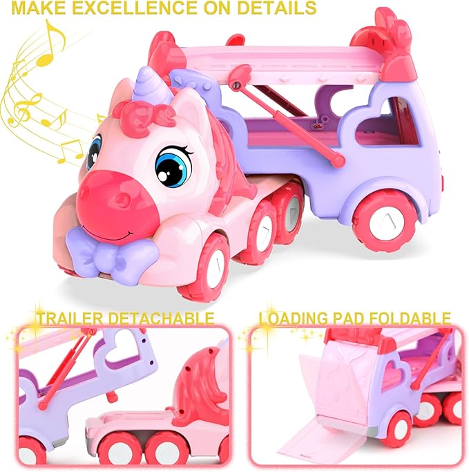 Toys for 3 Year Old Girl, 5-in-1 Unicorn Toys Carrier Truck Toy Cars with Light & Sound,Girl Toddler Toys Age 3-5, 3 4 5 Year Old Birthday Gifts
