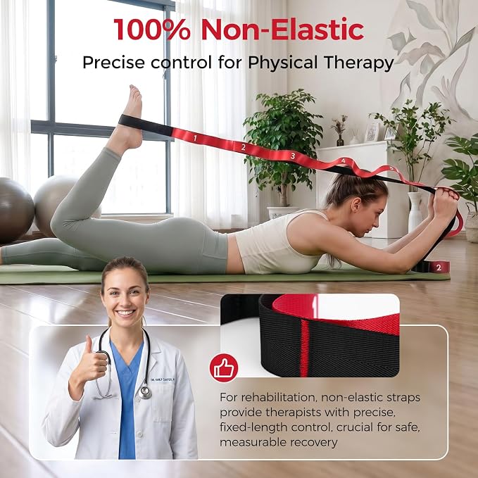 Slim Panda Stretching Strap with Loops - Non-Elastic Heavy Duty Nylon Yoga & PT - Oversized Multi-Loop Home Rehab - Hamstring Shoulder Pilates Flexibility