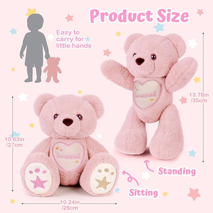 Custom Teddy Bear with Name Embroidery – 360° Rotating Plush Bear Stuffed Animals for Kids Toddler, Personalized Birthday Gifts for Girls Boys (Pink)
