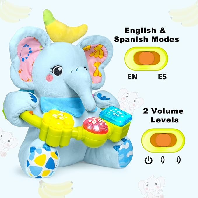 Baby Bilingual Musical Elephant Stuffed Animals Toys,Infant Early Learning Toy with Light-Up Music & Crinkle,Tummy Time Toys for 0 3 6 9 12+ Months for Baby Boy Girl Gift,Blue