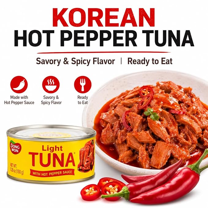 Dongwon Light Tuna with Hot Pepper Sauce, Korean Spicy Canned Tuna, Ready to Eat Tuna in Sauce, 5.29 oz Each, Pack of 4