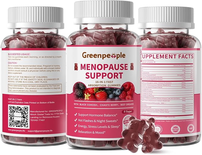 GREENPEOPLE Menopause Supplements for Women Gummies - 16-in-1 Dual Action Relief with Black Cohosh, Vitex, Beef Organs for Hormone Balance, Hot Flashes, Night Sweats & Mood, Sugar-Free, 60 Count