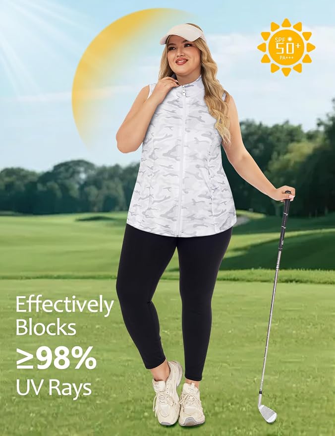 Misyula Style Plus Size Womens Golf Shirt Full-Zip with Pockets Tank Tops | Sleeveless, Quick Dry, Moisture-wicking, Lightweight Vests, Athletic, Tennis, Running, Workout, Casual, Travel, Work