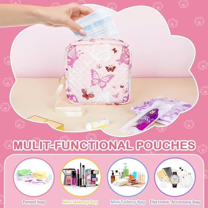 Likesing Tampon Holder for Purse, Quilted Period Bag Sanitary Napkin Storage Bag for Girls Womens, Portable Feminine Emergency Pad Period Pouch(Butterfly White)