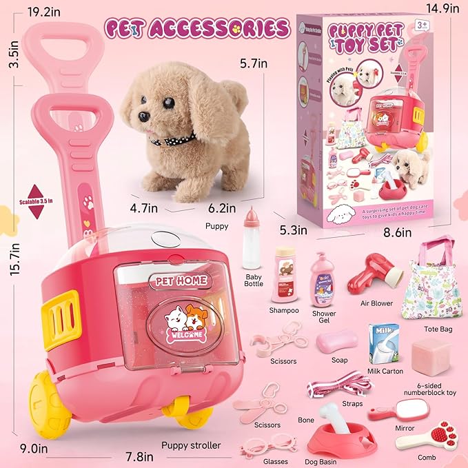 Dog Toys for Kids Girls with Puppy Stroller,Realistic Robot Interactive Stuffed Dog and 16 Pcs Toy Dog Accessories,Puppy Pet Care Pretend Play Set for 3 4 5 6 7 Year Old Toddler Girls Birthday Gifts