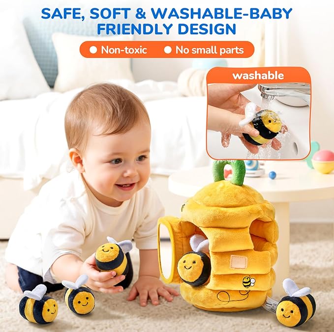 JoyCat Baby Toys 6-12 Months - Soft Baby Beehive with 5 Sensory Bees - Rattle, Crinkle Paper, Squeaker, Mirror, Busy Montessori Soft Toys for Toddlers 0-3 Years Old - Bee Plush Boy Girl Birthday Gift