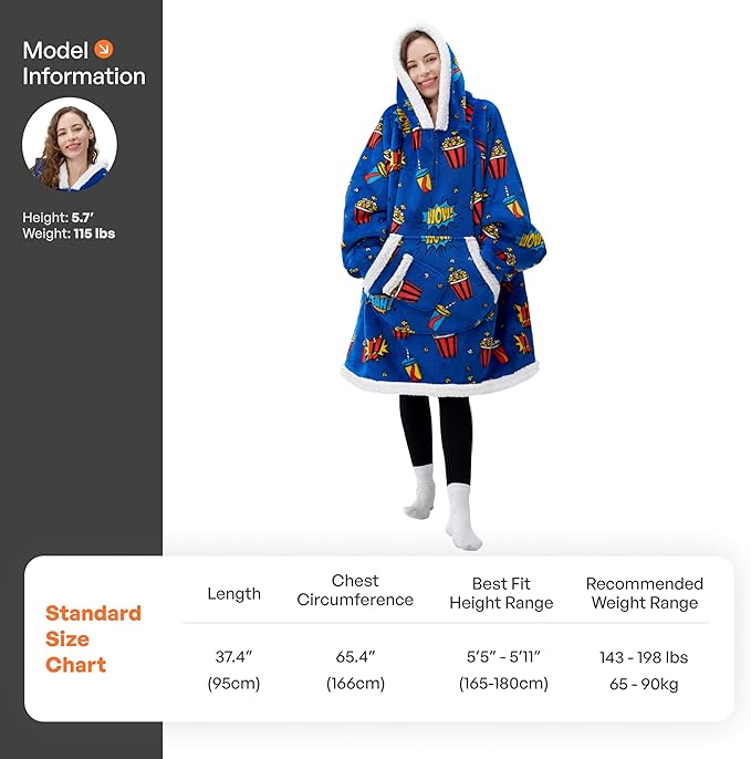 Giggling Getup Wearable Blanket Hoodie for Adults Gifts for Teen Girls Sister Women Sherpa Fleece Printed Hooded Blanket Sweatshirt Warm Cozy with Pocket & Sleeves Blue Popcorn