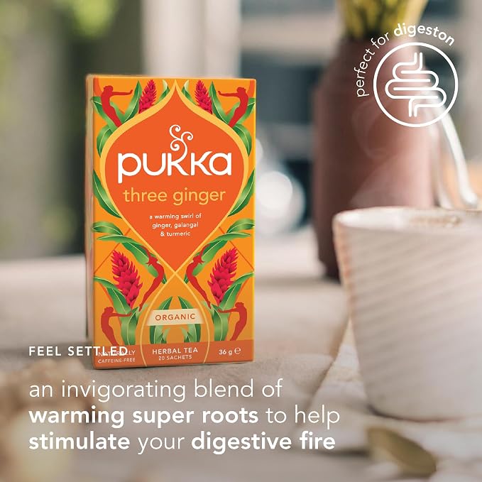 Pukka Three Ginger Organic Herbal Tea Bags 80 Count 4-Pack Caffeine Free Digestive Wellness Infusion with Turmeric Galangal Licorice for Digestion and Bloating Relief