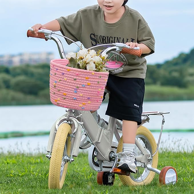 Kids Bike Basket for Boys and Girls, Children's Bicycle Basket Woven With Sisal Rope, Cute Decorative Accessories for Balance Bikes and Scooters