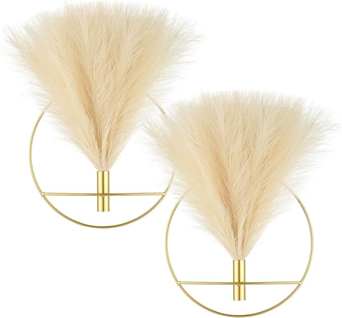 Pretty Jolly Boho Pampas Wall Decor Gold Metal Wall-Mounted Art | Morden Artificial Greenery Display，2 Pack Beige Hanging Planter For Living Room, Bedroom, Bathroom, Dining room