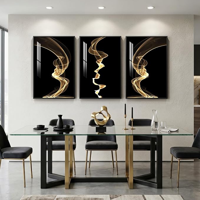 3 Piece Large Framed Abstract Wall Art for Living Room, Black and Gold Modern Artwork for Walls, Contemporary Luxury Bright Style Pictures Prints Paintings for Hallway Office Wall Decor 24x36 Inch