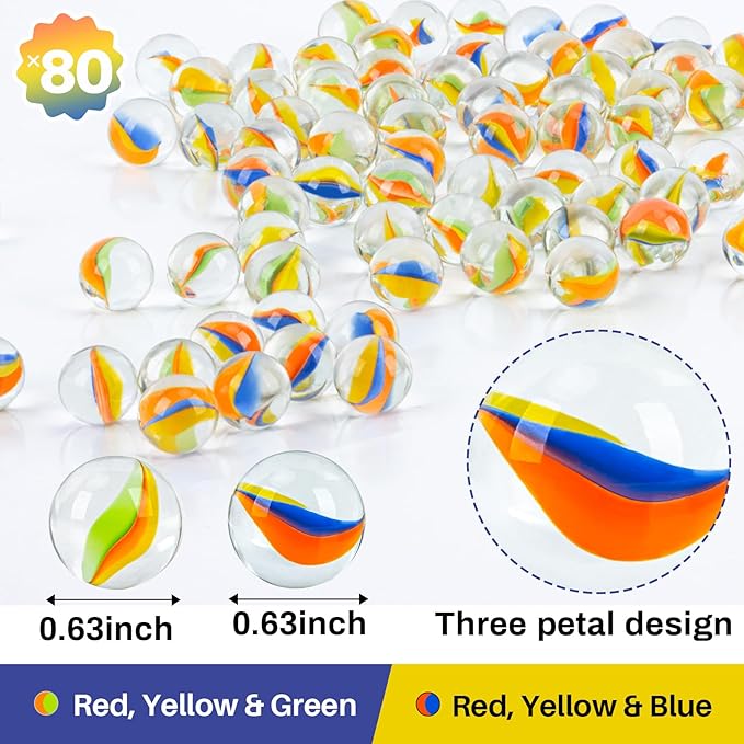Sukh Bulk Glass Marbles - Thick Cat Eye Mix 3 Colors Medium Sized 80Pcs Marble Decorative Gift Nostalgic Retro Game with 16mm for Bounce,Chinese Checkers Board Game,Vases,Party Decor