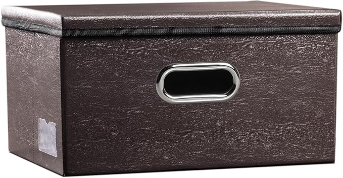 Collapsible Storage Box with Lid [1-Pack] Leather Fabric Foldable Storage Bin Organizer Container Basket Cube with Cover for Home Bedroom Closet Office Nursery Brown (13.6x9.6x6.9)