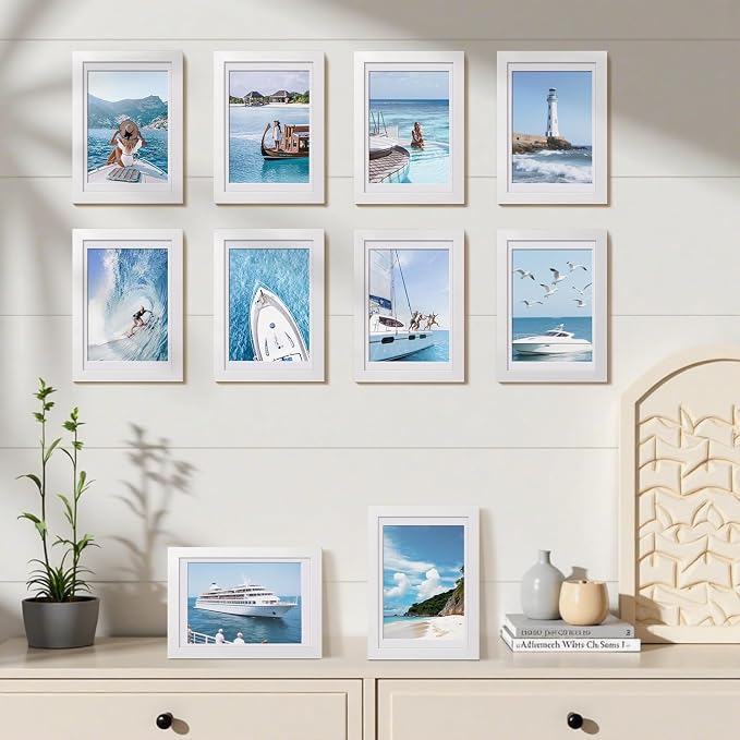 HappyHapi 4x6 Picture Frame Set of 10, Wall or Tabletop Display, White | White Picture Frames 4x6 Display Photos 3.5x5 with Mat or 4x6 without, Gallery Wall Frame Set, Modern Classic Home Decor