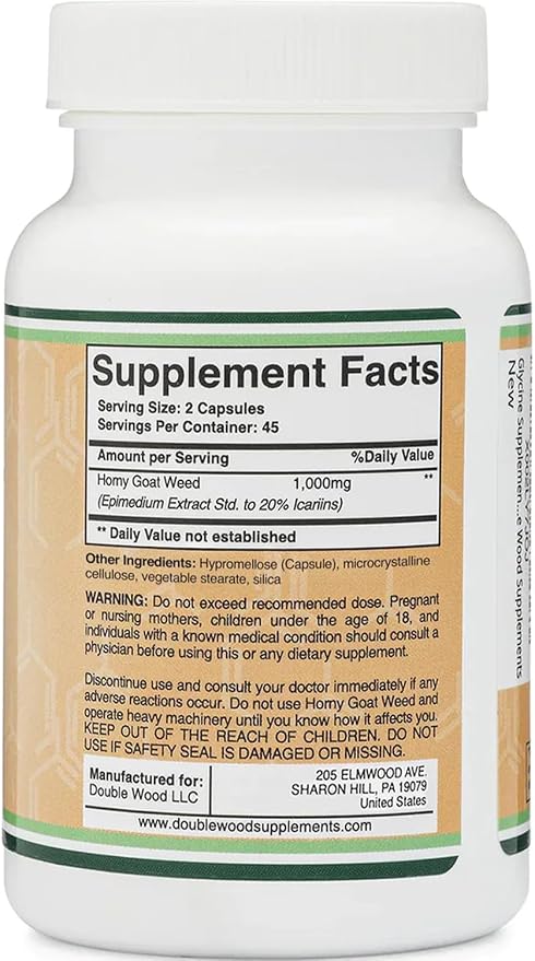 Horny Goat Weed for Men and Women - No Fillers (Max Strength Epimedium Std. to 20% Icariins) 1,000mg per Serving, 90 Capsules (Male Enhancing Supplement) by Double Wood