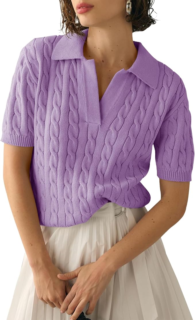 Imily Bela Womens Cable Short Sleeve Sweaters Tops Lapel V Neck Knit Shirt | Solid,Knit Casual,Soft Pullover,Fall Sweaters,Womens Summer Work Tops