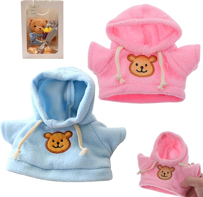 Bear Clothes, Tee Bear Hoodie Fit for 6-8inch Bears,2Pcs Stuffed Animal Outfit Girl Boy Plush Doll Hooded Sweater Clothes Cartoon DIY Decorative Clothes for Stuffed Animals