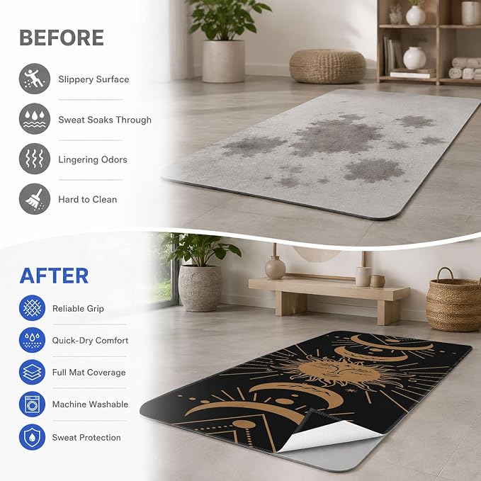 Yoga Mat Towel, Black Hot Yoga Non Slip Corner Pockets, 74 x 26 in | Soft Absorbent Microfiber With Four Corner Pockets, Fits Over Yoga Mats For Hot Yoga, Pilates, Gym, And Travel