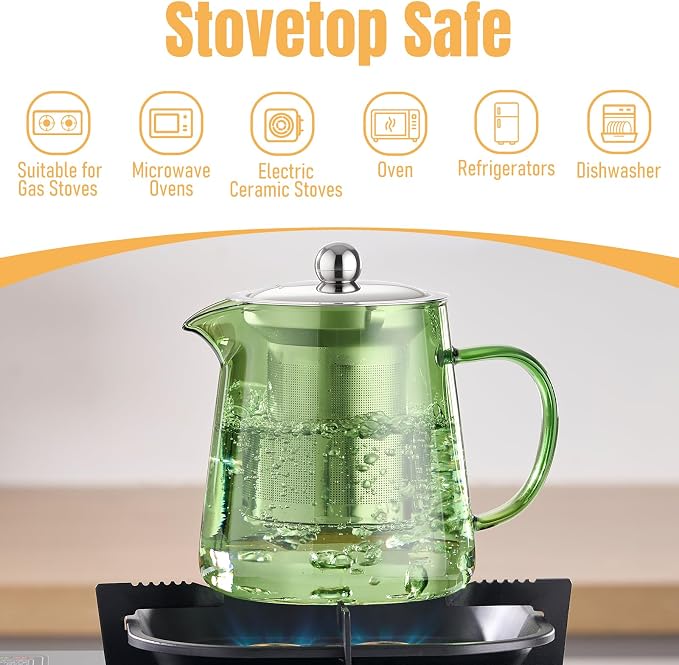 PARACITY Glass Teapot Stovetop 32OZ, Borosilicate Clear Tea Kettle with Removable 18/8 Stainless Steel Infuser, Teapot Blooming and Loose Leaf Tea Maker Tea Brewer (Green, 550ML)