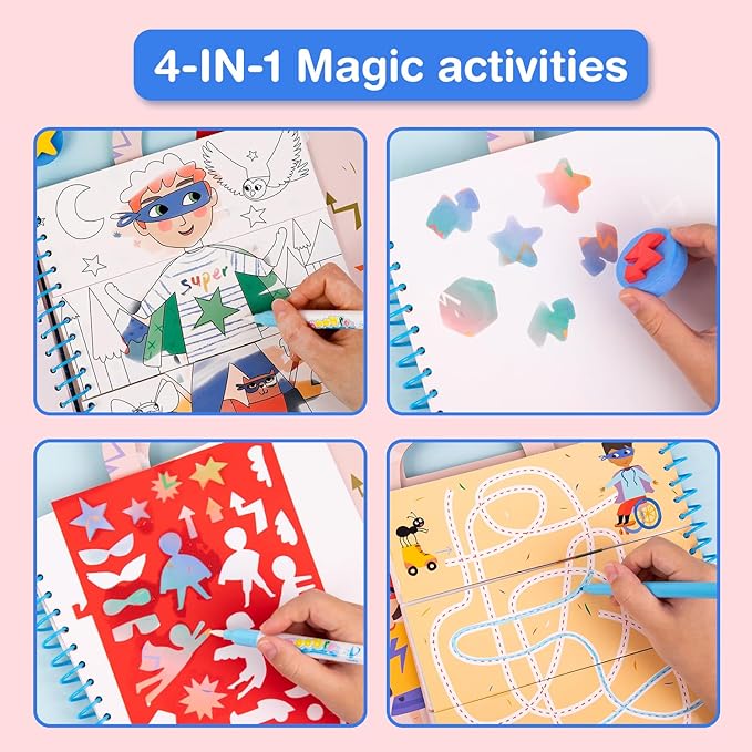 Avenir Reusable Water Coloring Book for Toddlers 3-5 Years, Road Trip & Airplane Mess-Free Portable Educational 4 in 1 Creative Set Water-Reveal Paint Activity Doodle Pad Kids Art Crafts