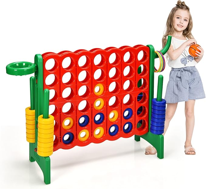 COSTWAY Jumbo 4-to-Score Giant Game Set for Kids & Adults, 2.5Ft Indoor Outdoor Game with Basketball Hoop, Ring Game, 42 Jumbo Rings, Quick-Release Slider, Perfect for Birth & Holiday Party