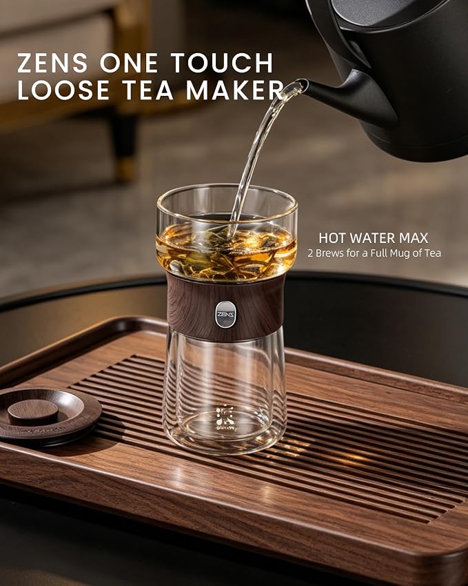 ZENS Modern Glass Tea Infuser Teapot, Smart One Touch Tea Maker for Loose Tea Diffusers with Insulated Mug and Cute Portable Walnuts Tea Kits for Tea Lover Gifts