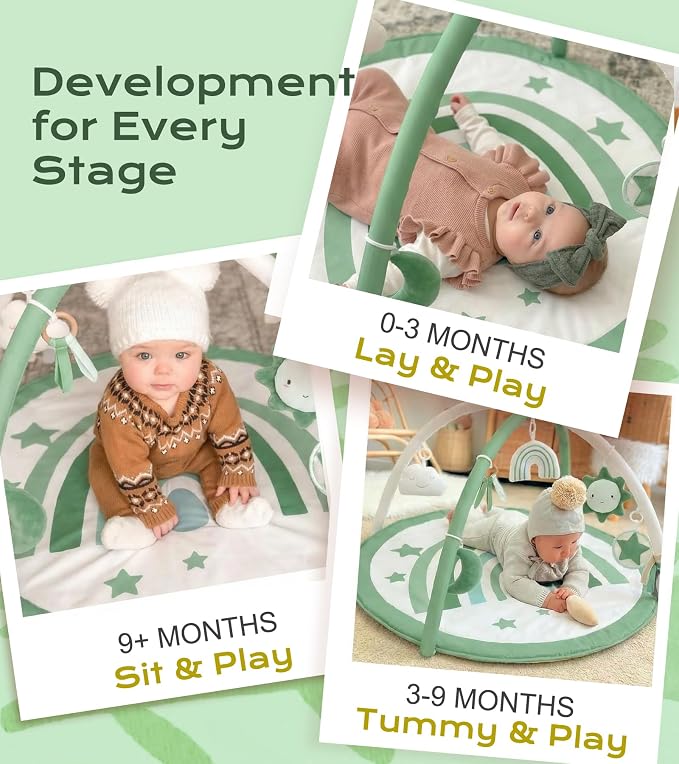 Little Dove Baby Play Gym Mat, Tummy Time Activity Mat with 7 Detachable Toys and 12 Milestone Cards for Stage-Based Sensory and Motor Skill Development, Washable Play Mats for Infant, Green