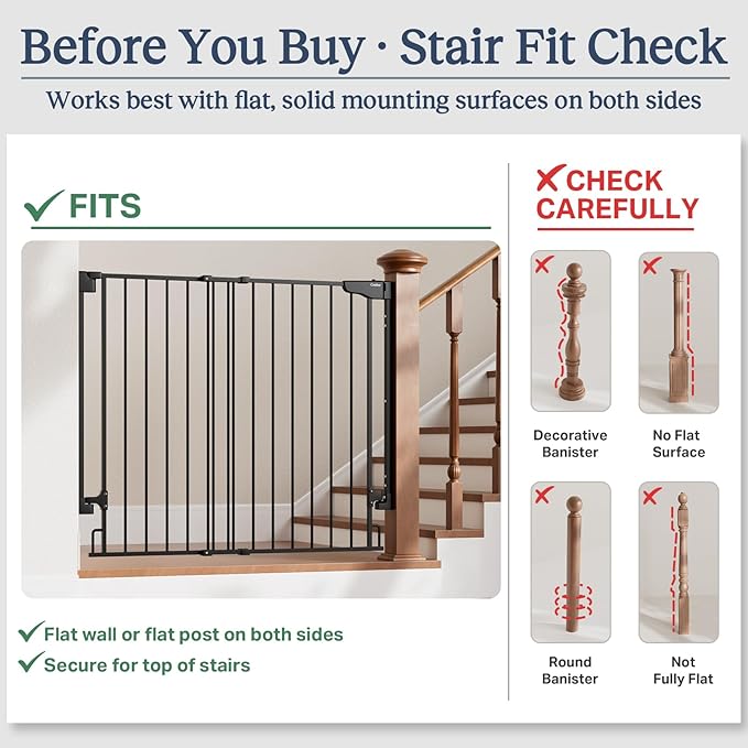 Cumbor 34" Extra Tall No Bottom Bar Baby Gate for Stairs, Hardware Mounted Dog Gate Indoor for Larger Pets, Expandable 29.2-43" Safety Gate for Doorways, Wide Walk Thru Door for Easy Access (Black)