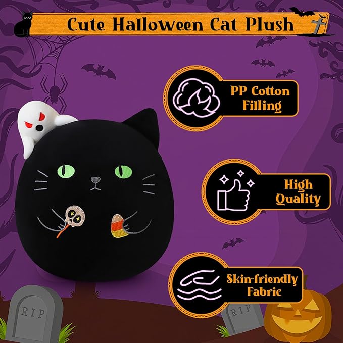 Halloween Candy Cat Stuffed Animal Toy, Black Cat Plush with Ghost and Candy for Home Decor, Halloween Party Gift for Kids（Candy Cat 10 Inch）