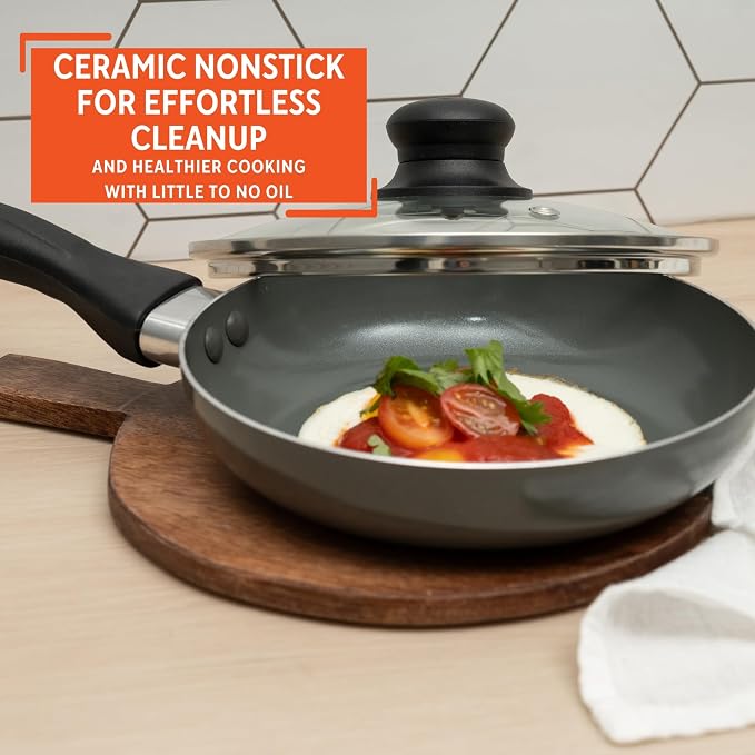 IMUSA 7 Inch Chef Cera Aluminum Ceramic Fry Pan with Glass Lid, Gray | Ceramic Nonstick Coating, Glass Lid with Cool-Touch Handle, Ideal for Pan-Frying, Great for Everyday Home Cooking
