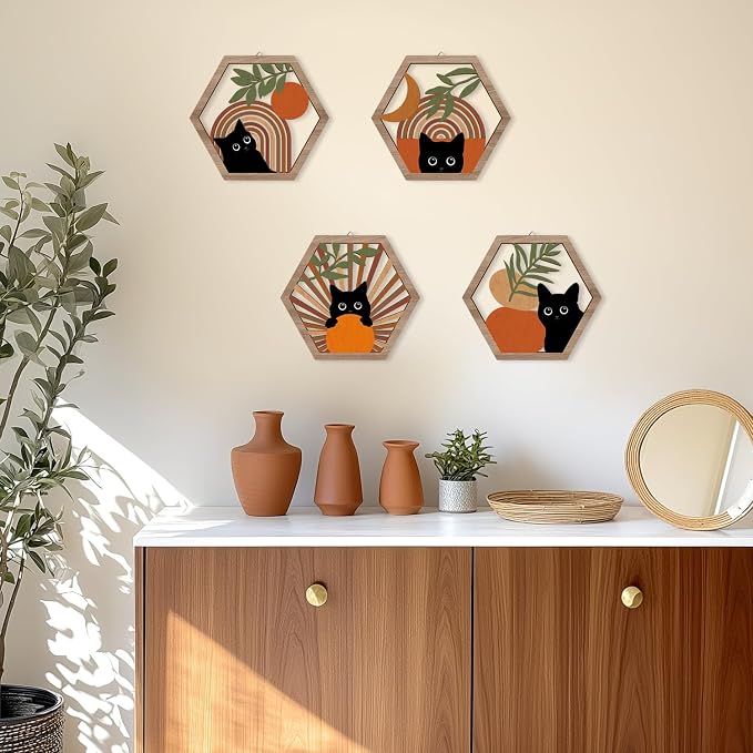 Boho Black Cat Wall Decor, Farmhouse Geometric Hanging Wooden Wall Art, 4 Pieces 11''x9.8'' Mid Century Bohemian Abstract Moon and Sun Wood Sign for Nursery Bedroom Decoration, Lovely Cat Gifts