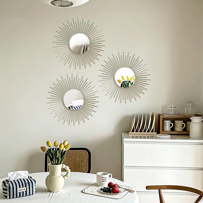3 Pack Metal Mirrors for Wall Sunburst Wall Mirrors Home Décor Decorative Hanging Wall Art for Living Room Bedroom Entryway (Silver2, Sunburst)