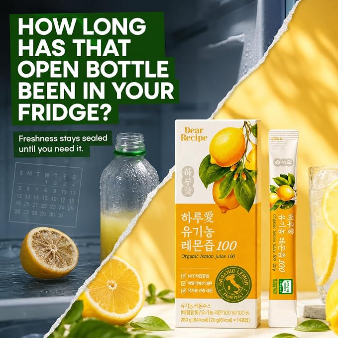[14 Sticks] Organic 100% Pure NFC Whole Lemon Juice Sticks – 20g Each – Italian Lemon, Cold Pressed, Product of Korea, Non-GMO, No Sugar Added