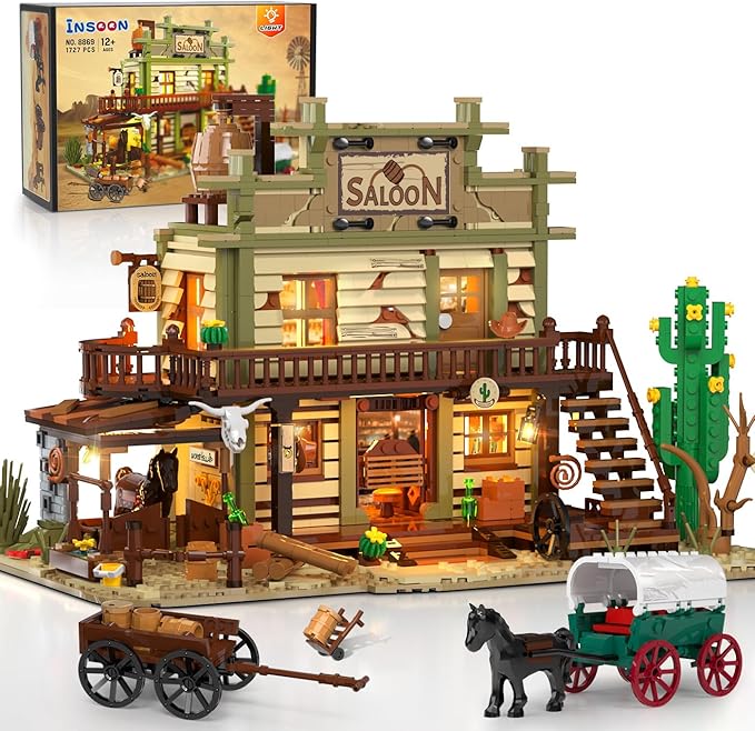 Western Saloon Building Set with LED Light, Wild West Building Block Toy 1727 PCS, Old West Construction Model with Horse Stable Carriage Cowboy Hat, House Building Kit for Adults Teens 12+