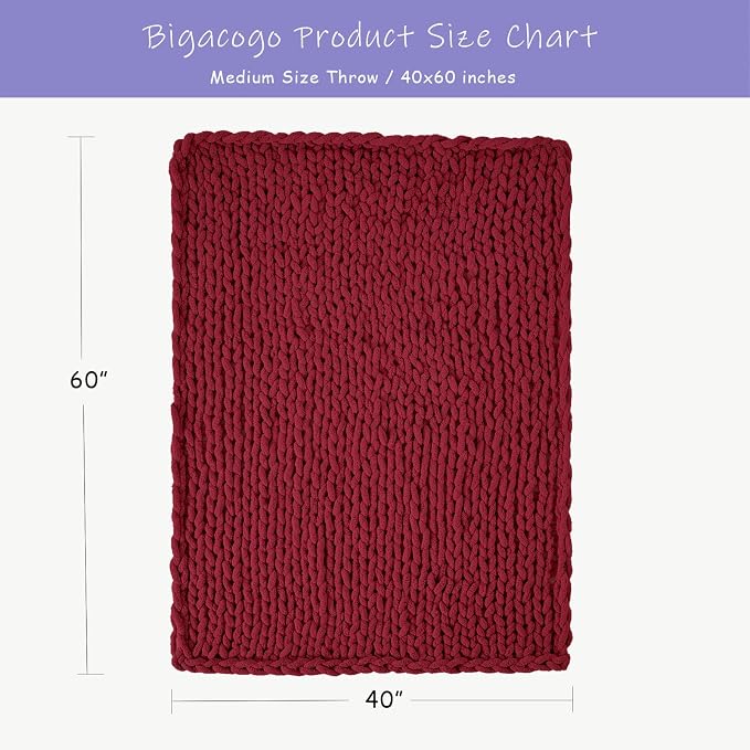Bigacogo Chunky Knit Throw Blanket for Couch, 40x60 inches, Red | Hand Knit with Jumbo Chenille, Soft Breathable Cable Knit for Sofa Bed Living Room, Machine Washable, Gift for Mom Friend