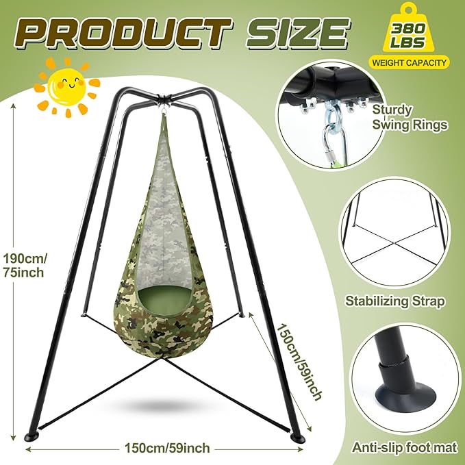 Sensory Swing Stand Frame with Pod Chair and Swings Set Kid Heavy Duty Metal Swing Stands Autism Hammock Chair Stand Tree Saucer Round for Kid Adult Indoor Outdoor Backyard Park(Camo Color)