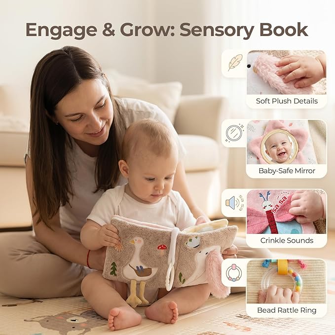 let's make Soft Baby Book, Sensory Crinkle Cloth Books for Babies 0-6 6-12 Months, Animal Tummy Time Toys with Baby Mirror & Squeaker, Touch and Feel Travel Stroller Toy, Newborn Gift Baby Shower