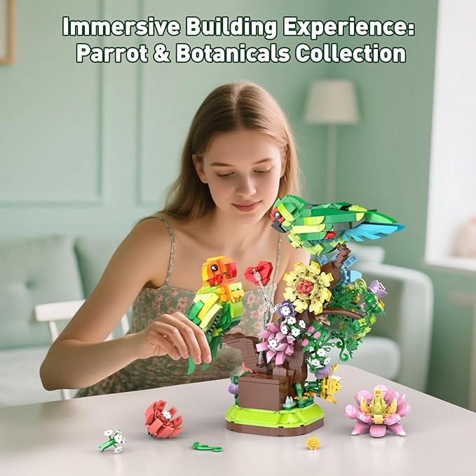 Flowers & Love Bird Building Set for Adults, Flower Parrot Botanicals Decor Model Kit with LED, Animal Toys Gifts Ideas for Kids Girls Boys Age 8+ (1050 PCS)