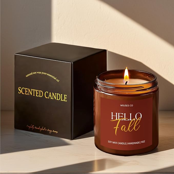 Hello Fall Pumpkin Candle for Home Scented| Organic Soy Non Toxic Candles| Long Clean Burning Aromatheraphy Jar Candel| Women,Men Gift for Autumn,Winter, Halloween,Thanksgiving,Relaxing| 9oz