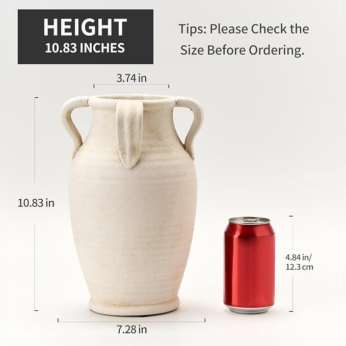 Emotionally Grounded Vase, Vaseking Large Ceramic Rustic Vase with 4 Handles, 10.83 inch Minimalist Decorative Farmhouse Tall Vases for Home Decor, Living Room, Enterway, Table Decoration, Fossil