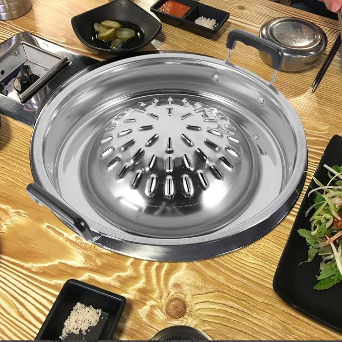ABOOFAN Korean Bbq Grill Pan Stainless Steel Barbecue Stove Portable Round Grill Plate for Outdoor Cooking Meat Vegetables Bulgogi Tabletop
