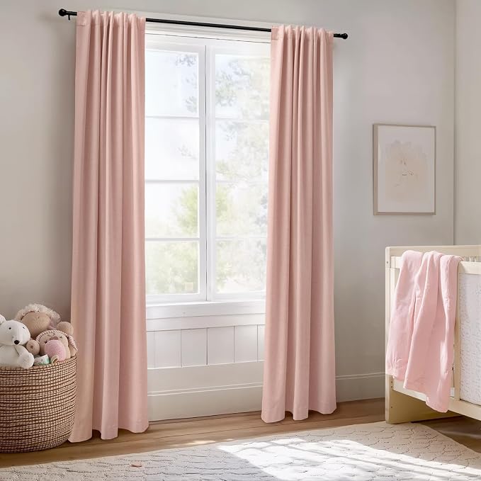 100% Blackout Shield Linen Blackout Curtains for Bedroom 90 Inches Long, Back Tab/Rod Pocket Living Room Drapes, Thermal Insulated Blackout Curtains 2 Panels Set, 42" W x 90" L, Blush Pink
